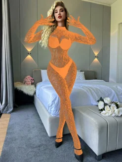 Ensemble de lingerie body en dentelle léopard à manches longues col montant dos nu et résille transparente