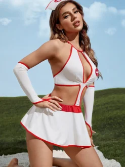 Ensemble de lingerie dos nu découpé pour cosplay d'infirmière