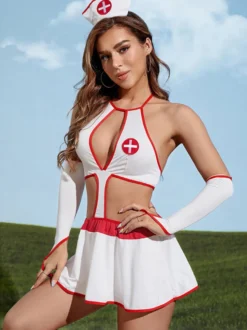 Ensemble de lingerie dos nu découpé pour cosplay d'infirmière