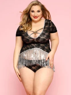 Ensemble de lingerie grande taille en dentelle noire gainante transparente à motif floral
