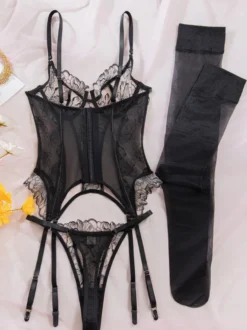 Ensemble de lingerie 3 pièces en dentelle florale transparente avec jarretière et corset