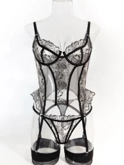 Ensemble de lingerie 3 pièces en dentelle florale transparente avec jarretière et corset
