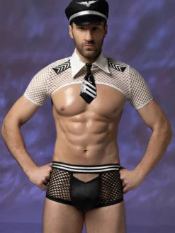 Ensemble de lingerie pour homme costume de pilote : haut court en résille short à nouer et chapeau. Tenue d'Halloween et de boîte de nuit.