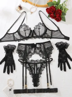 Ensemble de lingerie sexy rouge 5 pièces soutien-gorge et culotte pour adulte