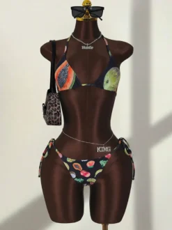 Ensemble de maillot de bain 3 pièces à imprimé fruits pour femme - Bikini triangle dos nu avec pantalon large paréo - Collection été 2026