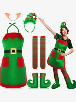 Ensemble De Noël Femmes Couvre-Chef Vert Chaussettes Hautes Tablier Costumes Déguisement Noël