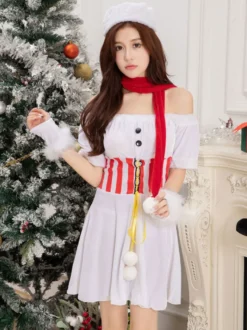 Ensemble de Noël pour femme Chapeau blanc Robe Gants Polyester Costumes de vacances de Noël