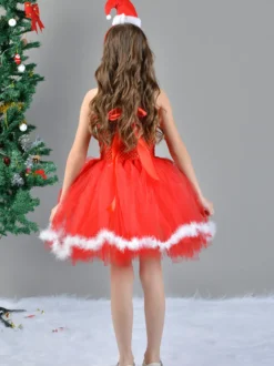 Ensemble de Noël pour fille Robe rouge Cape Chapeau Polyester Costumes de vacances de Noël
