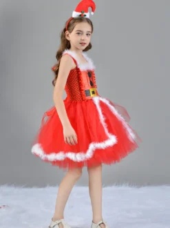 Ensemble de Noël pour fille Robe rouge Cape Chapeau Polyester Costumes de vacances de Noël