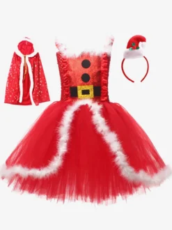 Ensemble de Noël pour fille Robe rouge Cape Chapeau Polyester Costumes de vacances de Noël