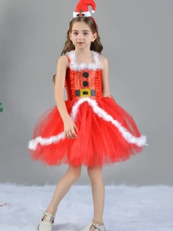 Ensemble de Noël pour fille Robe rouge Cape Chapeau Polyester Costumes de vacances de Noël