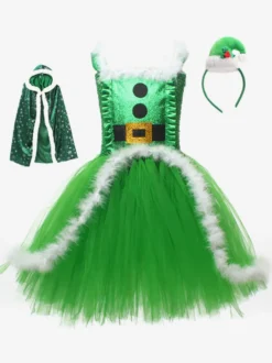 Ensemble de Noël pour fille Robe rouge Cape Chapeau Polyester Costumes de vacances de Noël