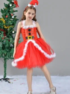 Ensemble de Noël pour fille Robe rouge Cape Chapeau Polyester Costumes de vacances de Noël