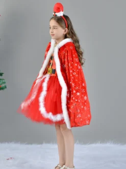 Ensemble de Noël pour fille Robe rouge Cape Chapeau Polyester Costumes de vacances de Noël