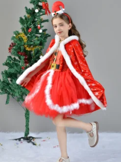 Ensemble de Noël pour fille Robe rouge Cape Chapeau Polyester Costumes de vacances de Noël