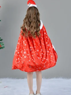 Ensemble de Noël pour fille Robe rouge Cape Chapeau Polyester Costumes de vacances de Noël