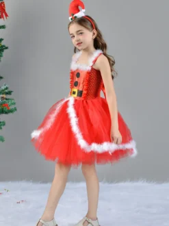 Ensemble de Noël pour fille Robe rouge Cape Chapeau Polyester Costumes de vacances de Noël
