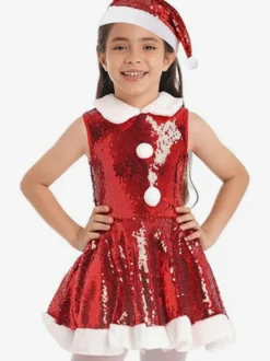Ensemble de Noël pour fille robe chapeau rouge costumes de vacances de Noël en polyester