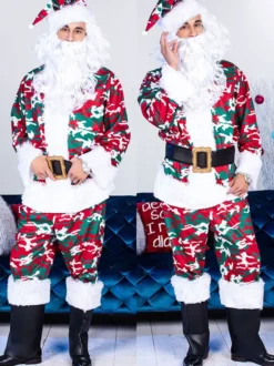 Ensemble de noël pour hommes chapeau en fibre de Polyester rouge pantalon haut en Polyester Costumes de vacances du père noël