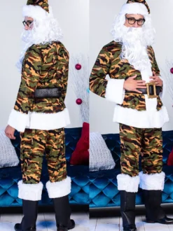Ensemble de noël pour hommes chapeau en fibre de Polyester rouge pantalon haut en Polyester Costumes de vacances du père noël