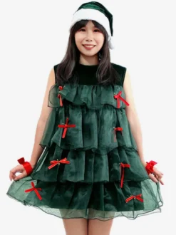 Ensemble de Noël Robe Vert Foncé Accessoire Chapeau Costumes de Vacances de Noël