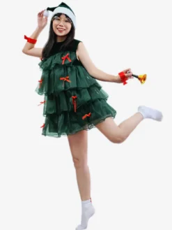 Ensemble de Noël Robe Vert Foncé Accessoire Chapeau Costumes de Vacances de Noël