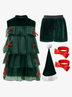 Ensemble de Noël Robe Vert Foncé Accessoire Chapeau Costumes de Vacances de Noël