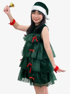 Ensemble de Noël Robe Vert Foncé Accessoire Chapeau Costumes de Vacances de Noël