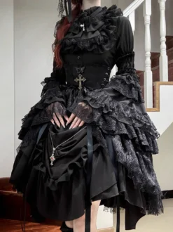 Ensemble de robes gothiques lolita noires à lacets manches longues et volants