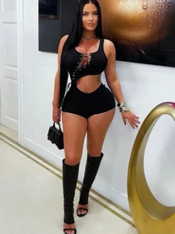 Ensemble de soirée slim noir uni pour femme cravate latérale ajourée