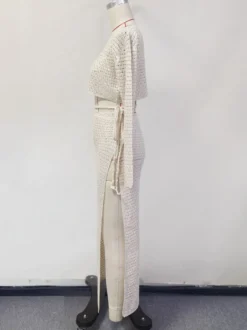 Ensemble deux pièces au crochet haut court à manches longues et jupe fendue cache-maillot de plage 2026