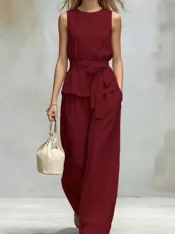 Ensemble deux pièces Chocolat Chic Street Wear ceinture en polyester à col rond sans manches et pantalon