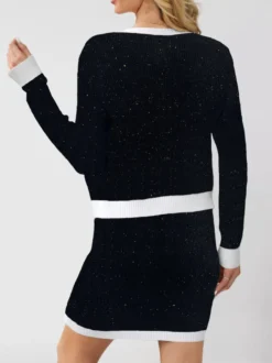 Ensemble deux pièces en maille tweed pour femme : cardigan et mini-jupe à bordures contrastées
