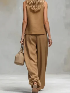 Ensemble deux pièces marron chic décontracté en coton et lin à col montant et pantalon sans manches
