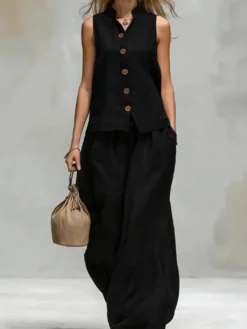 Ensemble deux pièces marron chic décontracté en coton et lin à col montant et pantalon sans manches