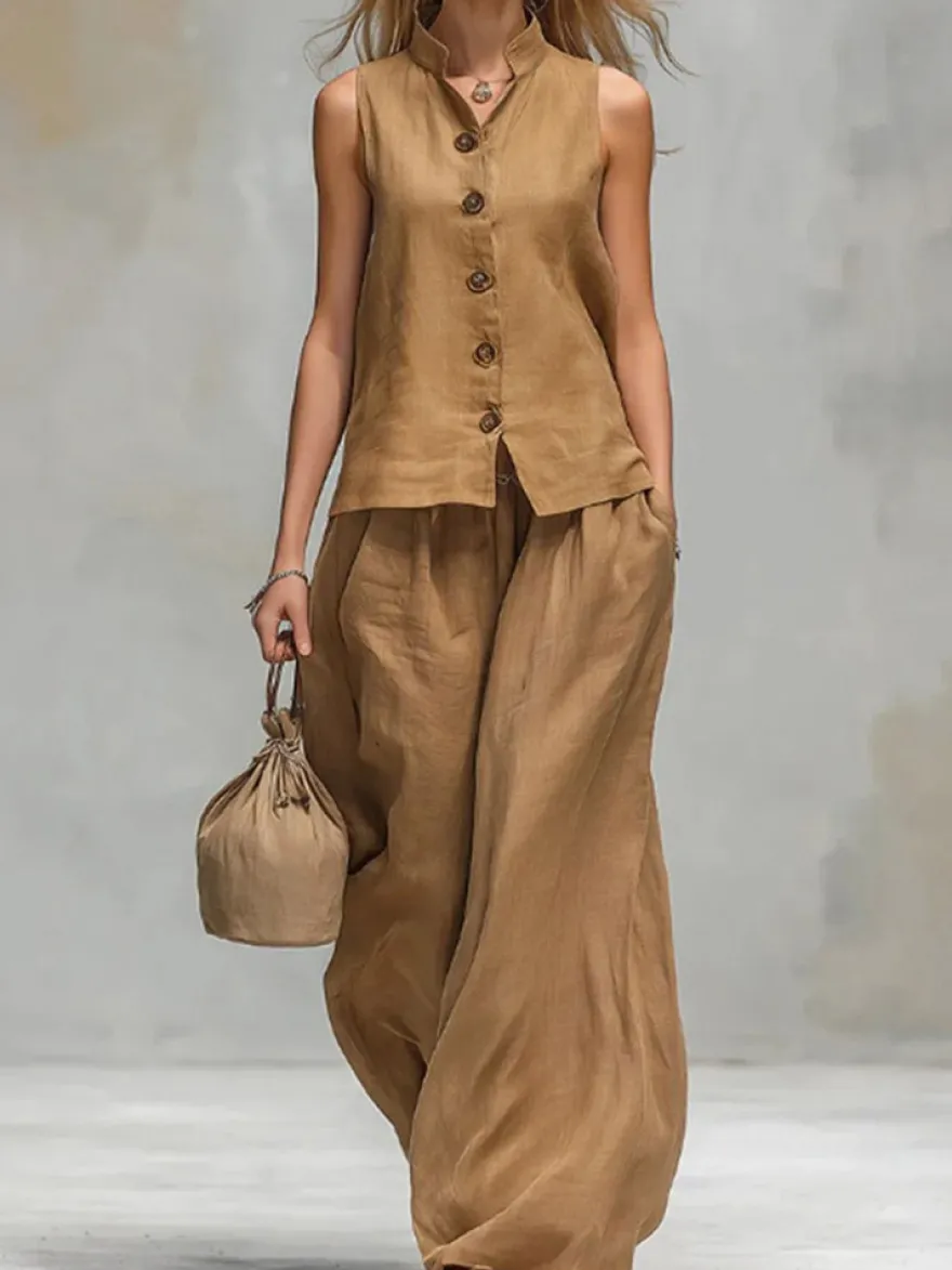Ensemble deux pièces marron chic décontracté en coton et lin à col montant et pantalon sans manches