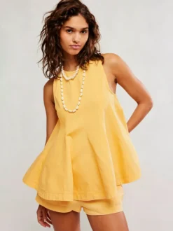 Ensemble deux pièces : mini-robe orange jean décontracté à col rond sans manches pantalon.