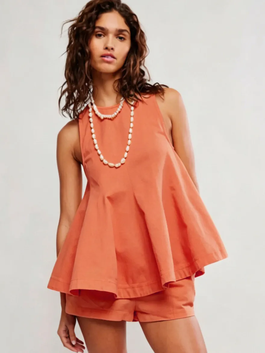 Ensemble deux pièces : mini-robe orange jean décontracté à col rond sans manches pantalon.