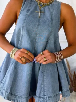 Ensemble deux pièces : mini-robe orange jean décontracté à col rond sans manches pantalon.