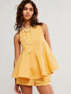 Ensemble deux pièces : mini-robe orange jean décontracté à col rond sans manches pantalon.