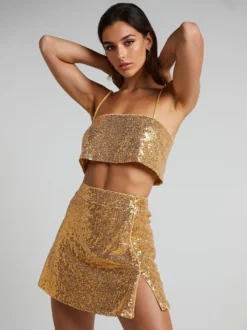Ensemble deux pièces à paillettes haut court et mini-jupe tenue de fête d'anniversaire pour femme 2026