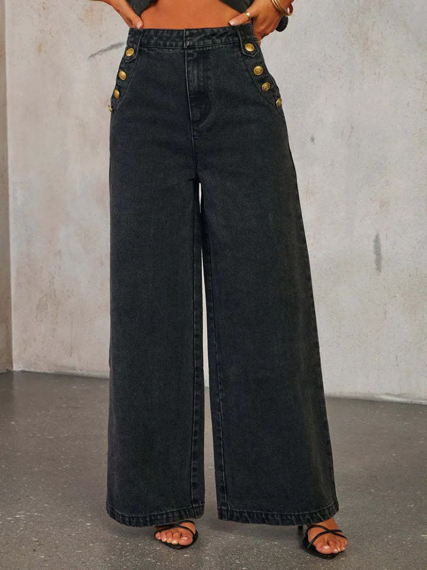 Ensemble deux pièces pantalon bleu élégant à boutons pour soirée en denim col rond sans manches