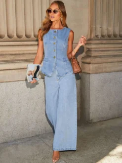 Ensemble deux pièces pantalon bleu élégant à boutons pour soirée en denim col rond sans manches