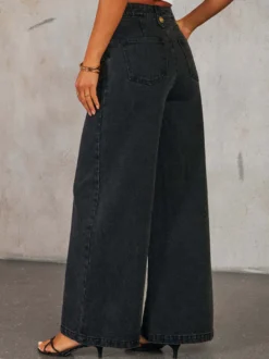 Ensemble deux pièces pantalon bleu élégant à boutons pour soirée en denim col rond sans manches