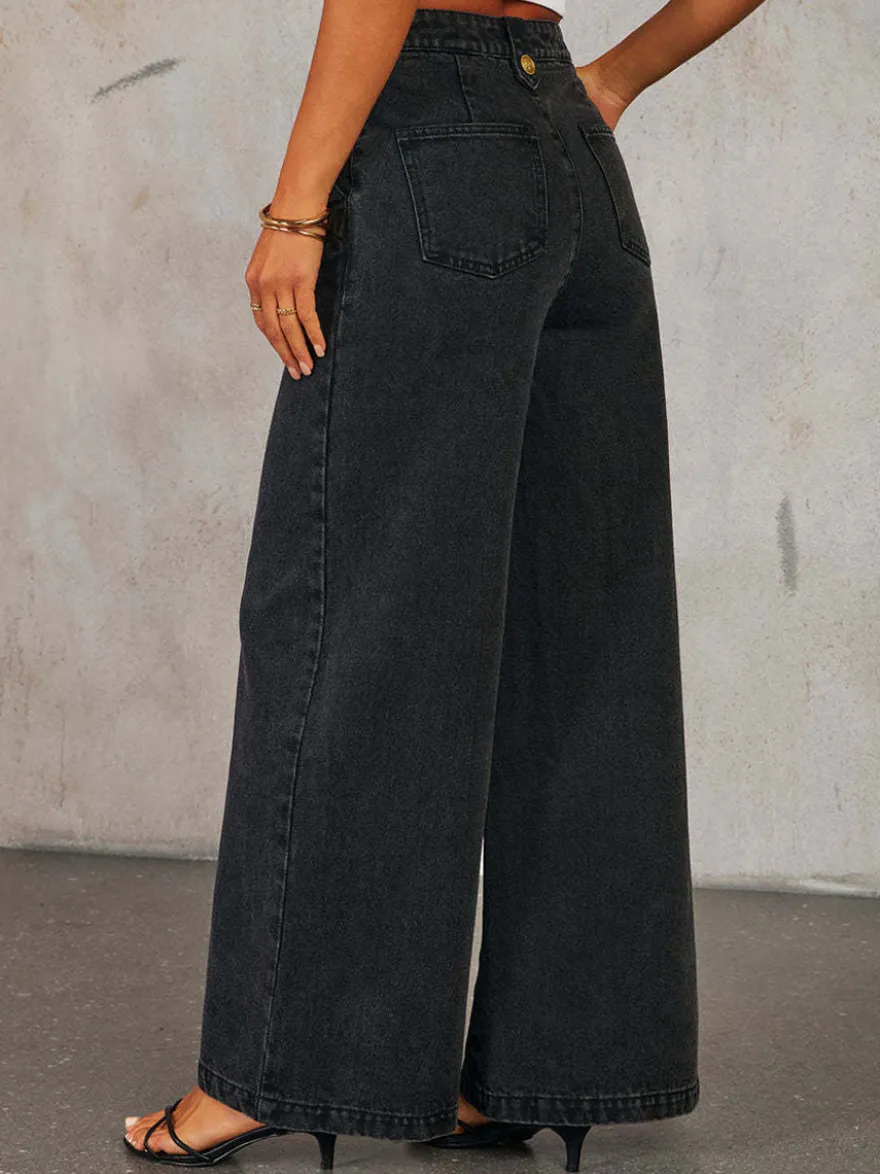 Ensemble deux pièces pantalon bleu élégant à boutons pour soirée en denim col rond sans manches