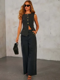 Ensemble deux pièces pantalon bleu élégant à boutons pour soirée en denim col rond sans manches