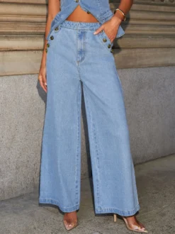 Ensemble deux pièces pantalon bleu élégant à boutons pour soirée en denim col rond sans manches
