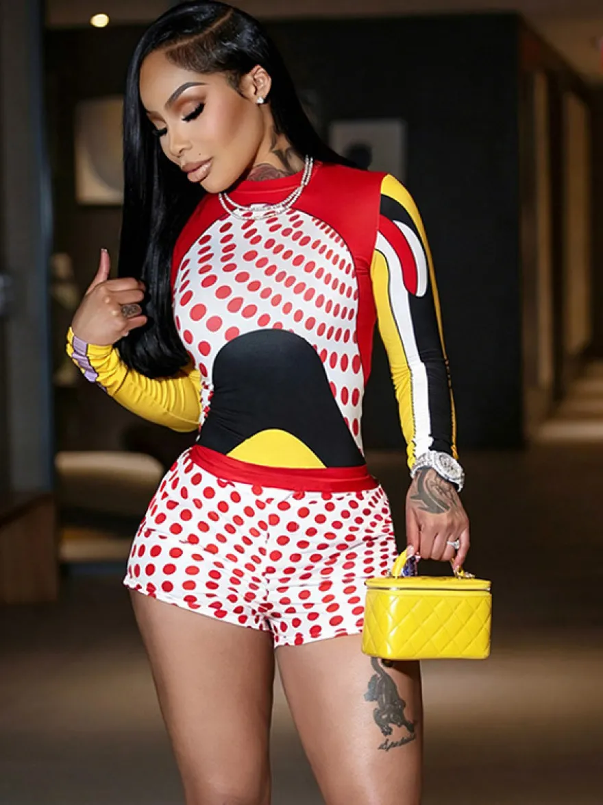 Ensemble deux pièces à pois color block : haut à manches longues et short taille haute