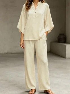 Ensemble deux pièces pour femme en lin mélangé : pantalon large à col montant et manches dolman à demi-boutons