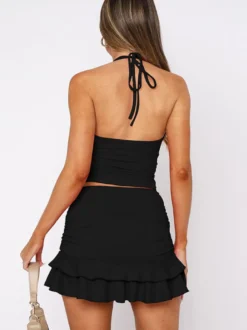 Ensemble deux pièces rose chic plissé jupe dos nu sans manches